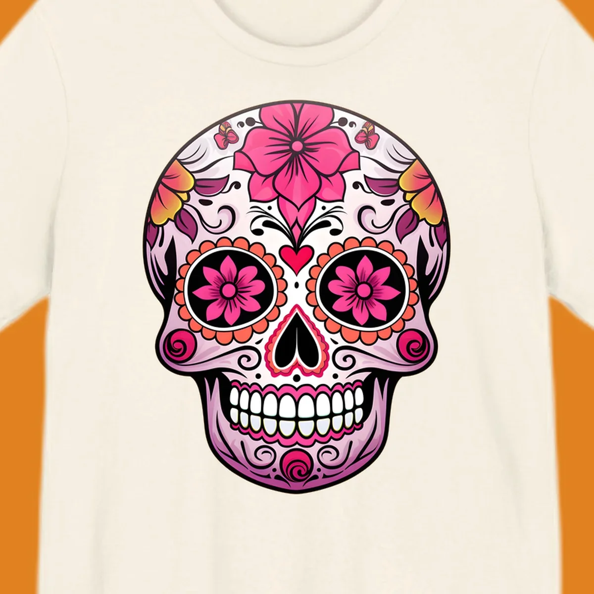 A vibrant floral sugar skull illustration featuring pink flowers, hearts, and butterflies on a light pink skull.