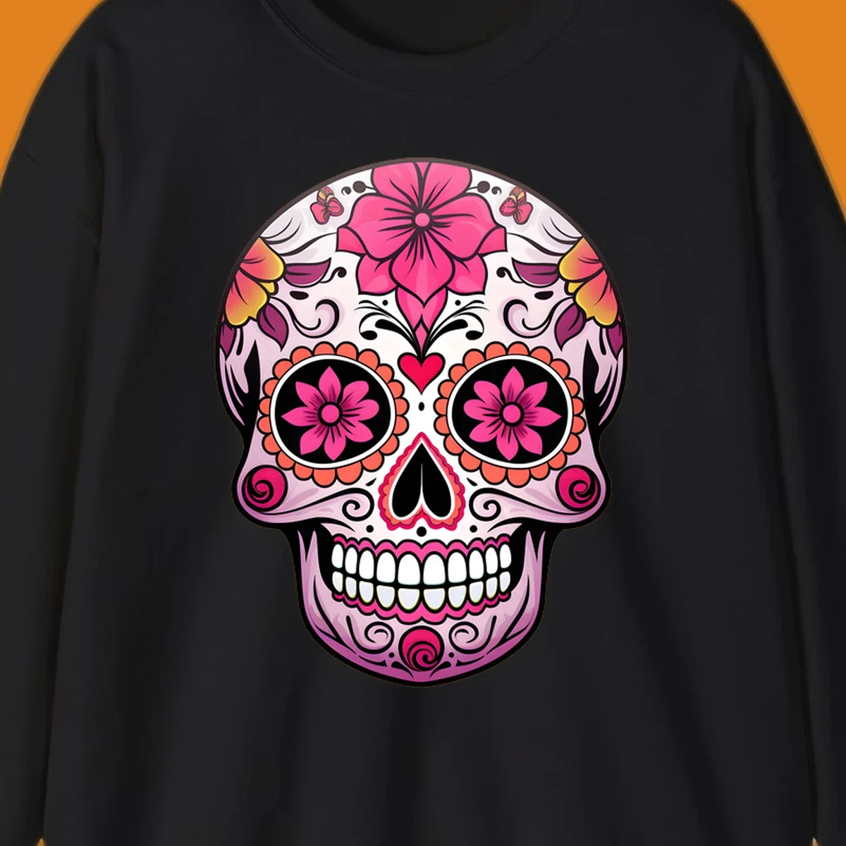 A vibrant floral sugar skull illustration featuring pink flowers, hearts, and butterflies on a light pink skull.