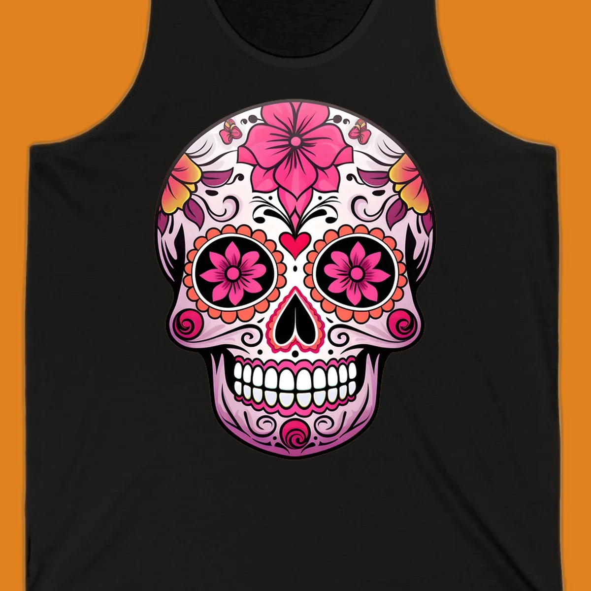 A vibrant floral sugar skull illustration featuring pink flowers, hearts, and butterflies on a light pink skull.