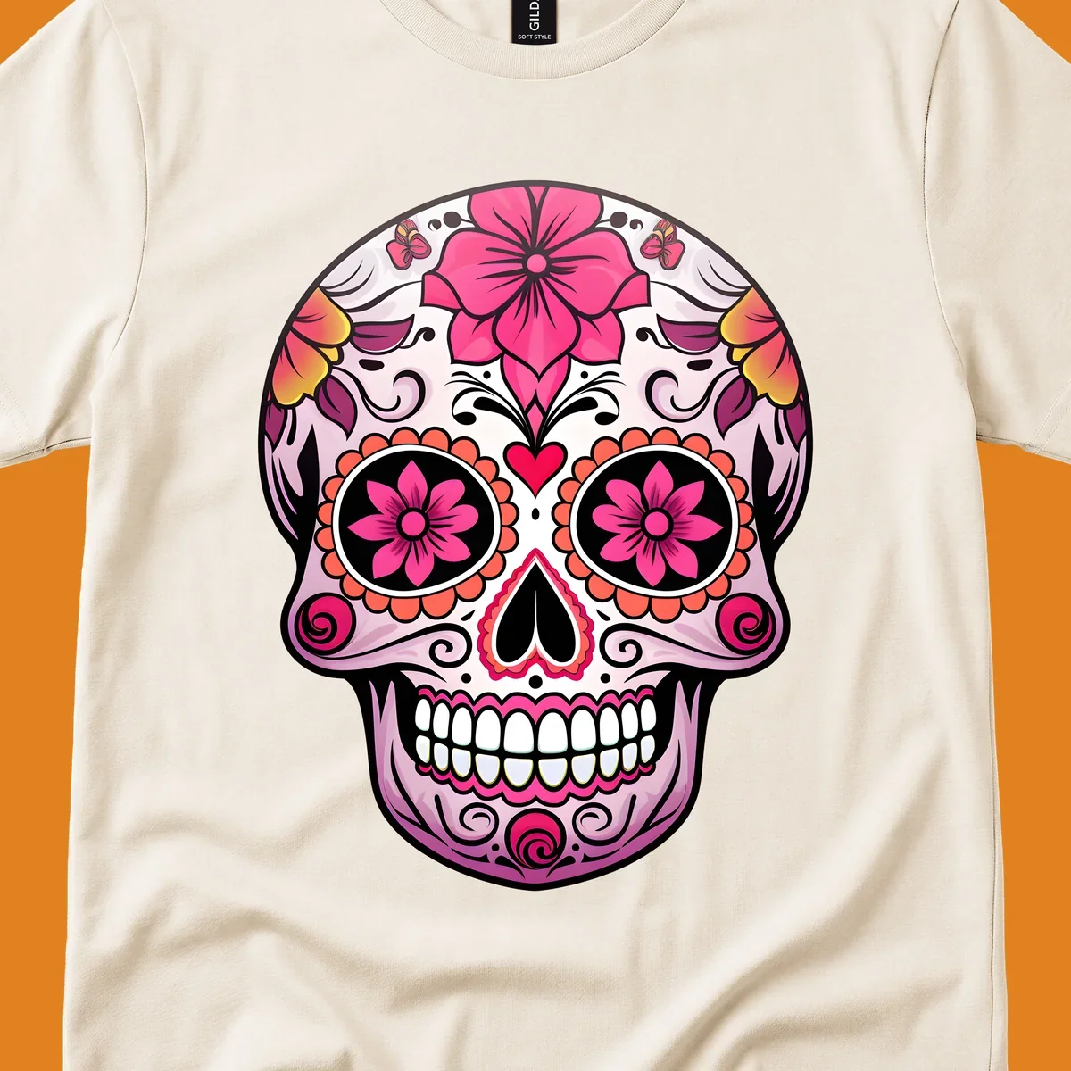 A vibrant floral sugar skull illustration featuring pink flowers, hearts, and butterflies on a light pink skull.