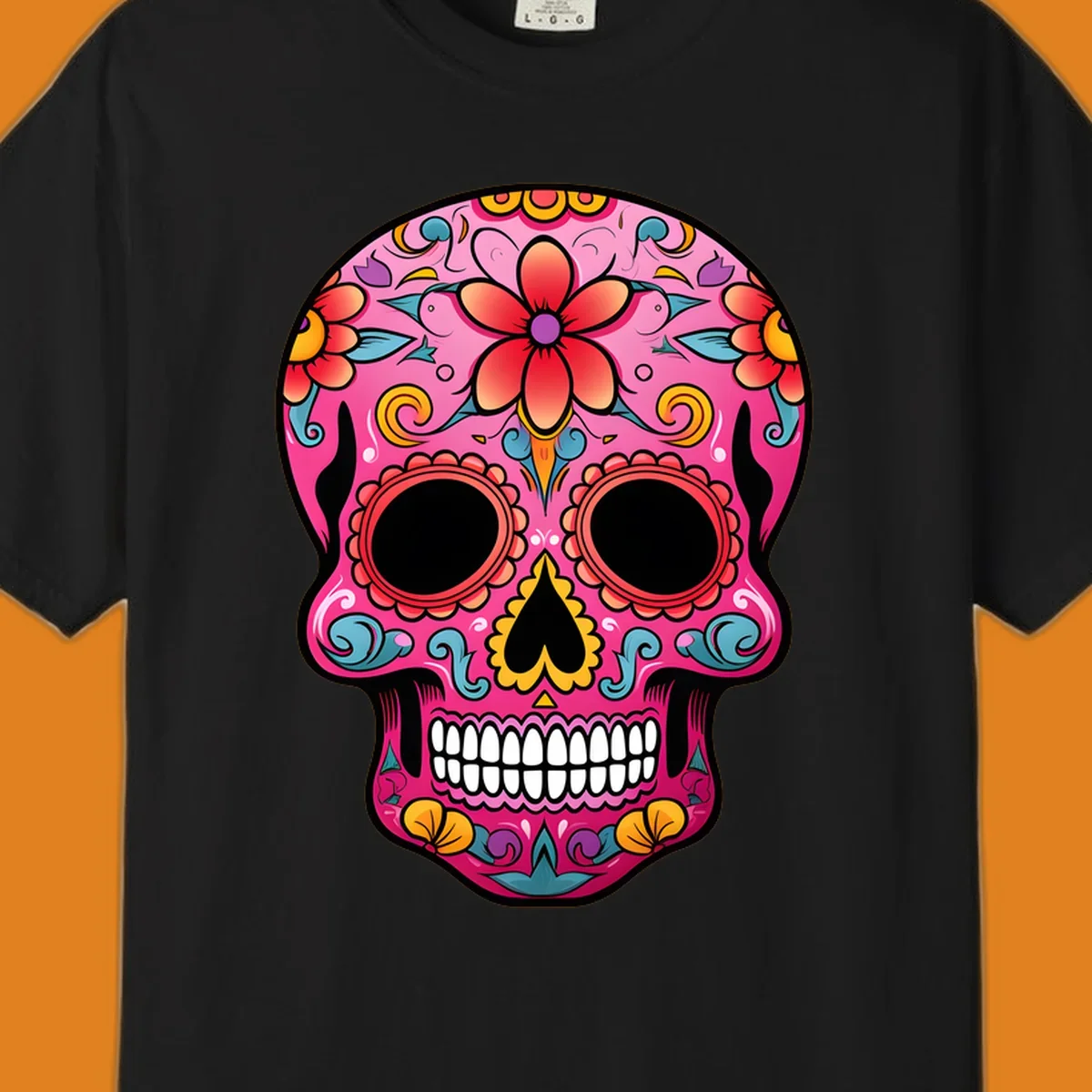 A vibrant pink calavera sugar skull with red, orange, yellow, blue, and purple floral patterns. Features large black eyes and white teeth. primary_keyword_root: vibrant-floral-calavera-skull.