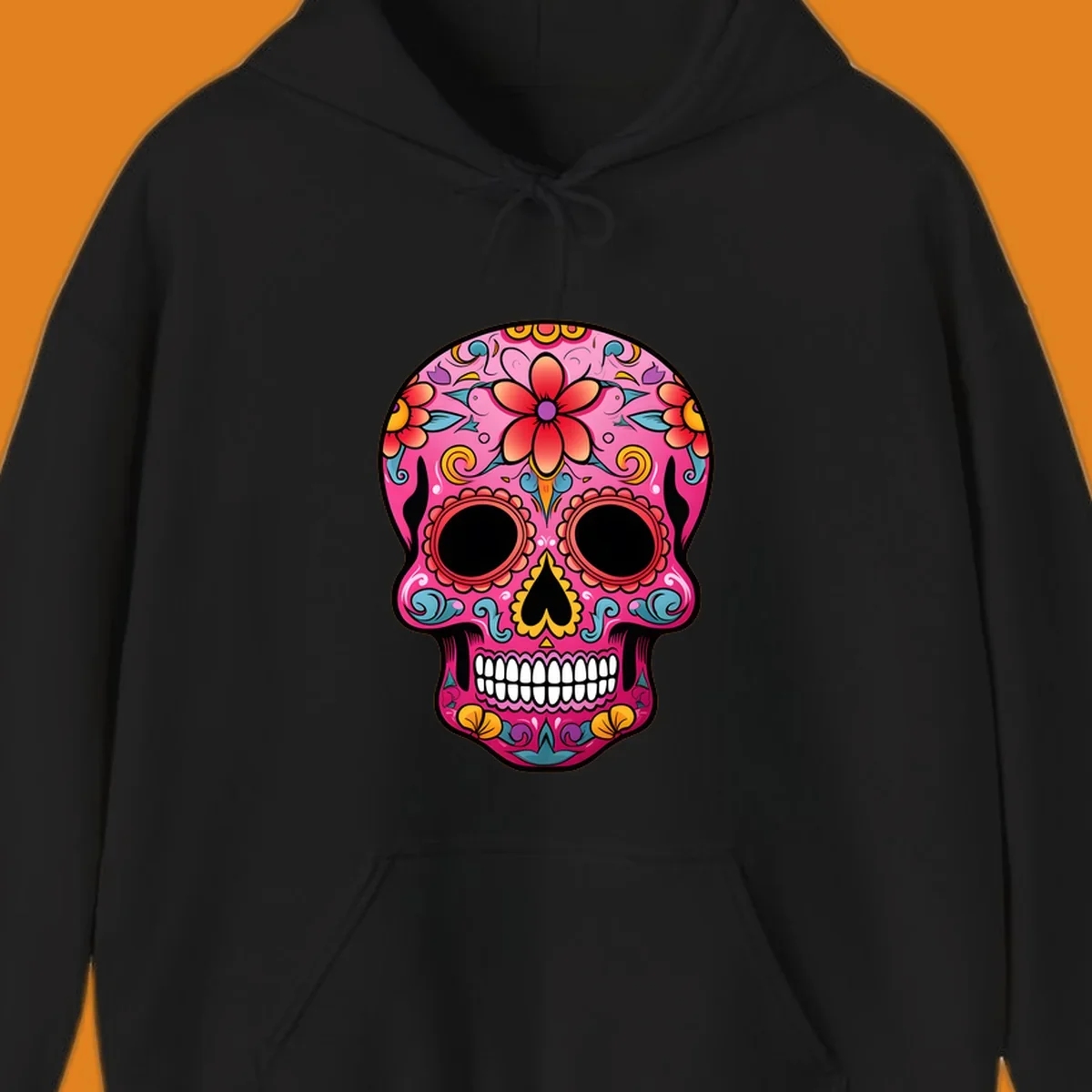 A vibrant pink calavera sugar skull with red, orange, yellow, blue, and purple floral patterns. Features large black eyes and white teeth. primary_keyword_root: vibrant-floral-calavera-skull.