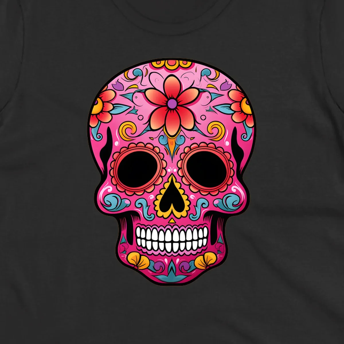 A vibrant pink calavera sugar skull with red, orange, yellow, blue, and purple floral patterns. Features large black eyes and white teeth. primary_keyword_root: vibrant-floral-calavera-skull.