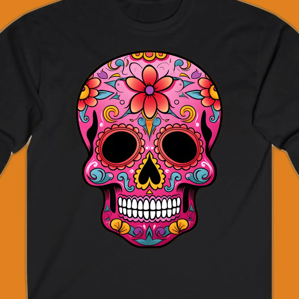 A vibrant pink calavera sugar skull with red, orange, yellow, blue, and purple floral patterns. Features large black eyes and white teeth. primary_keyword_root: vibrant-floral-calavera-skull.