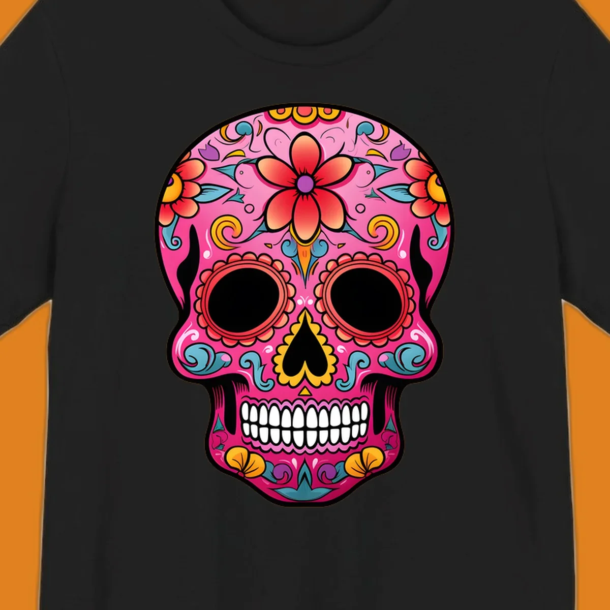 A vibrant pink calavera sugar skull with red, orange, yellow, blue, and purple floral patterns. Features large black eyes and white teeth. primary_keyword_root: vibrant-floral-calavera-skull.