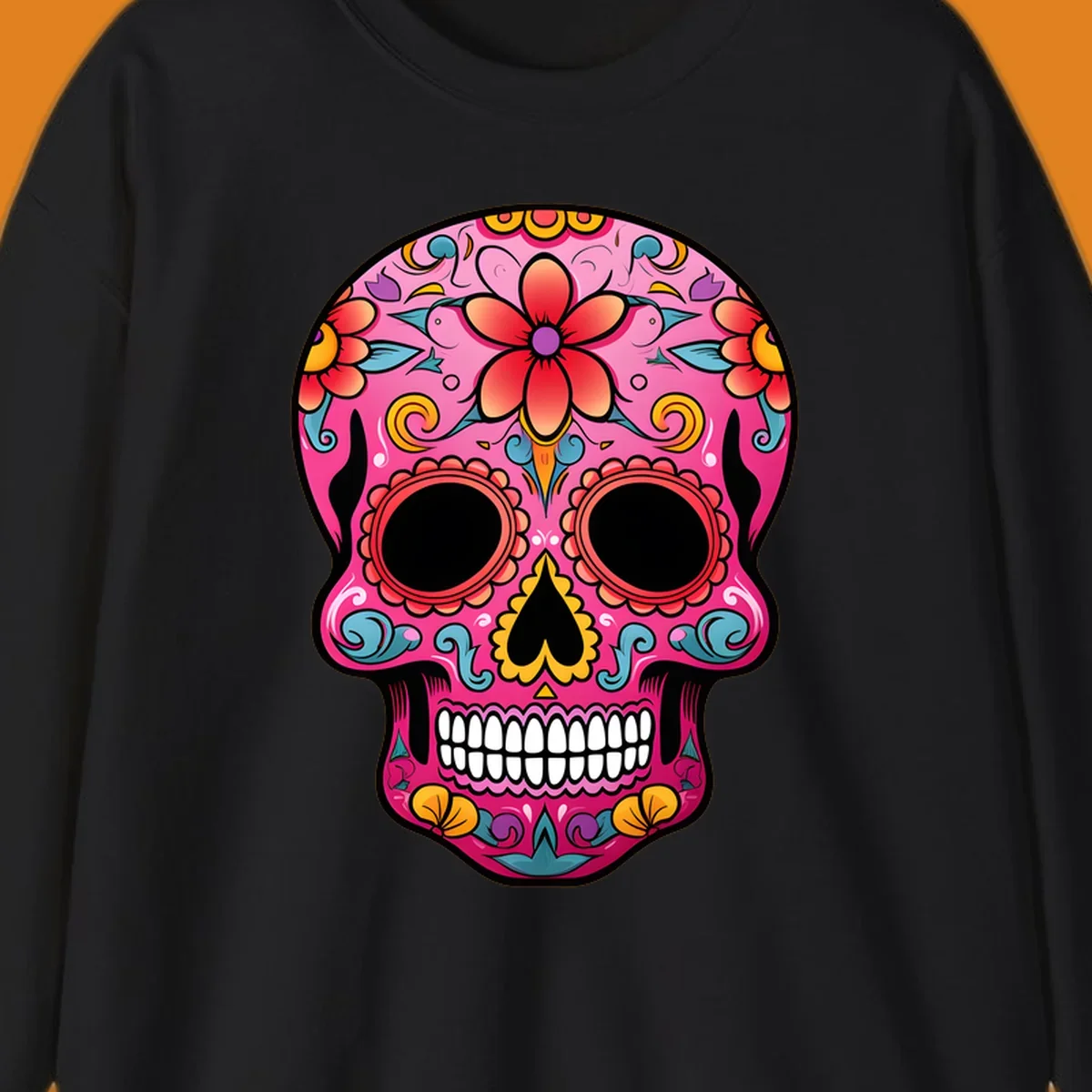 A vibrant pink calavera sugar skull with red, orange, yellow, blue, and purple floral patterns. Features large black eyes and white teeth. primary_keyword_root: vibrant-floral-calavera-skull.