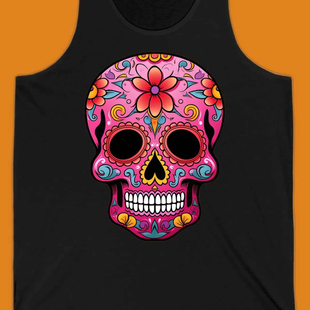 A vibrant pink calavera sugar skull with red, orange, yellow, blue, and purple floral patterns. Features large black eyes and white teeth. primary_keyword_root: vibrant-floral-calavera-skull.