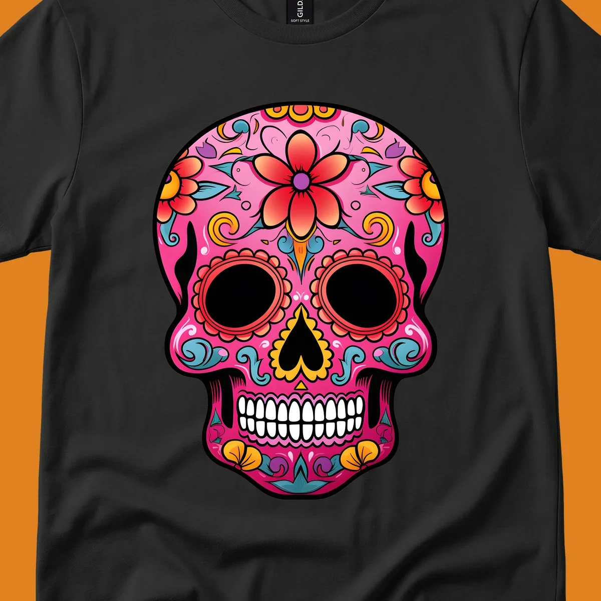 A vibrant pink calavera sugar skull with red, orange, yellow, blue, and purple floral patterns. Features large black eyes and white teeth. primary_keyword_root: vibrant-floral-calavera-skull.