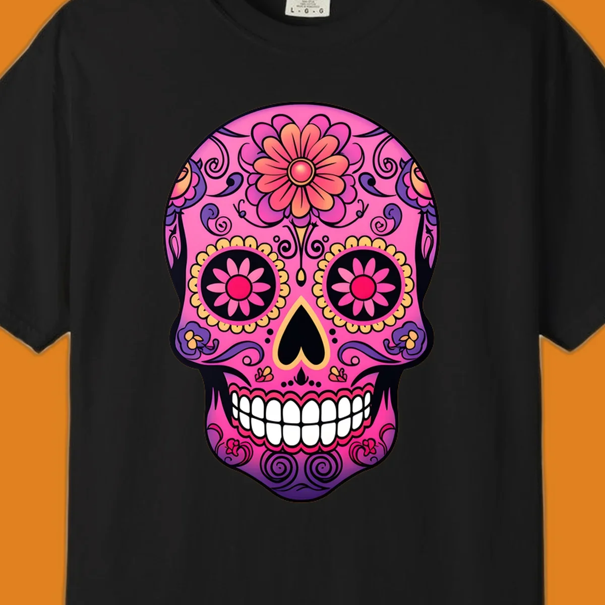 A vibrant pink, purple, yellow, and orange floral sugar skull with a heart nose and ornate swirls.