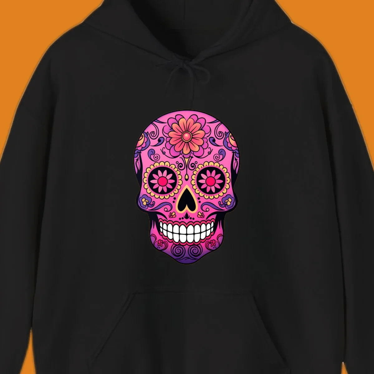 A vibrant pink, purple, yellow, and orange floral sugar skull with a heart nose and ornate swirls.