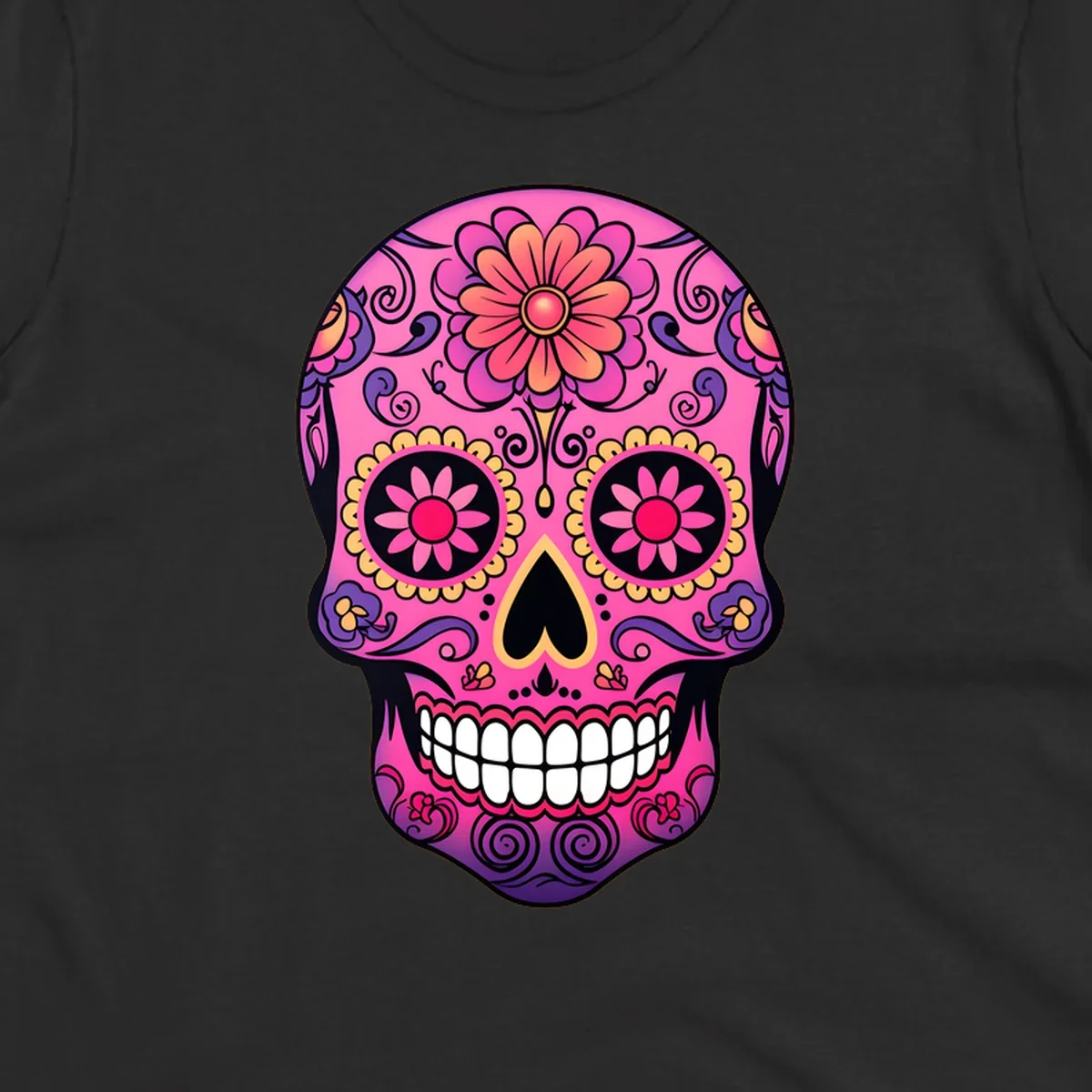 A vibrant pink, purple, yellow, and orange floral sugar skull with a heart nose and ornate swirls.