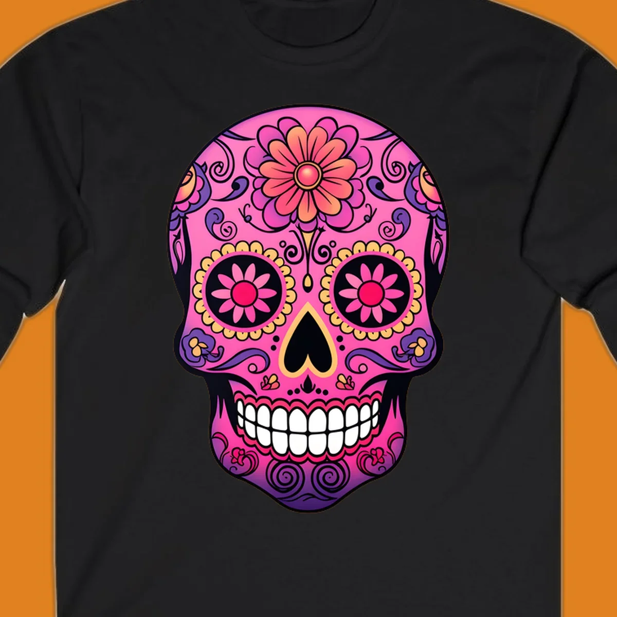 A vibrant pink, purple, yellow, and orange floral sugar skull with a heart nose and ornate swirls.