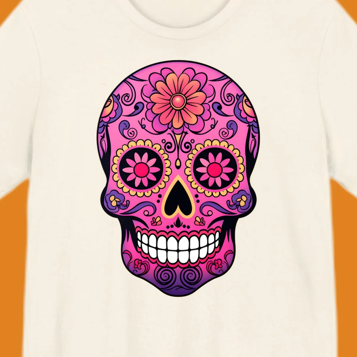 A vibrant pink, purple, yellow, and orange floral sugar skull with a heart nose and ornate swirls.