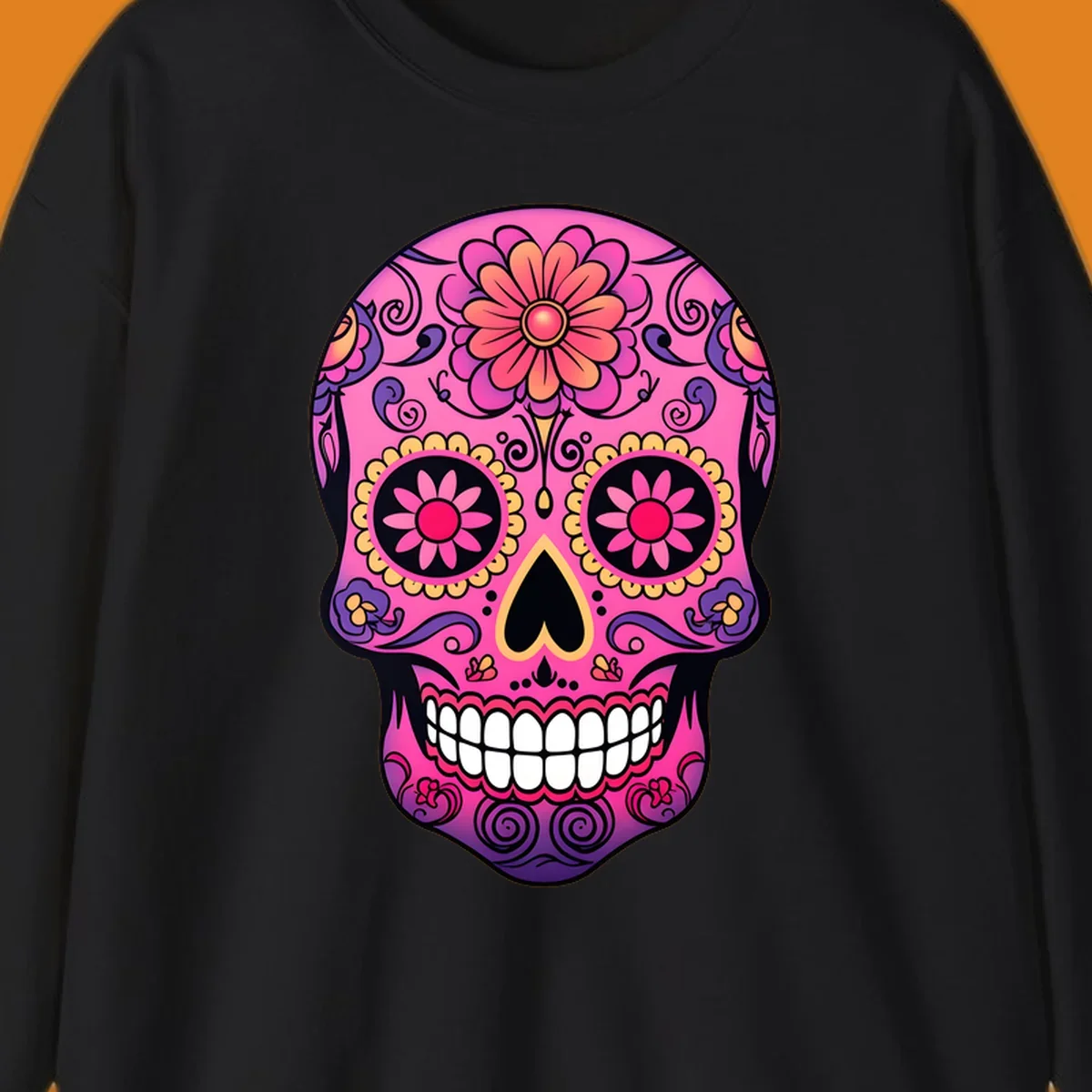 A vibrant pink, purple, yellow, and orange floral sugar skull with a heart nose and ornate swirls.