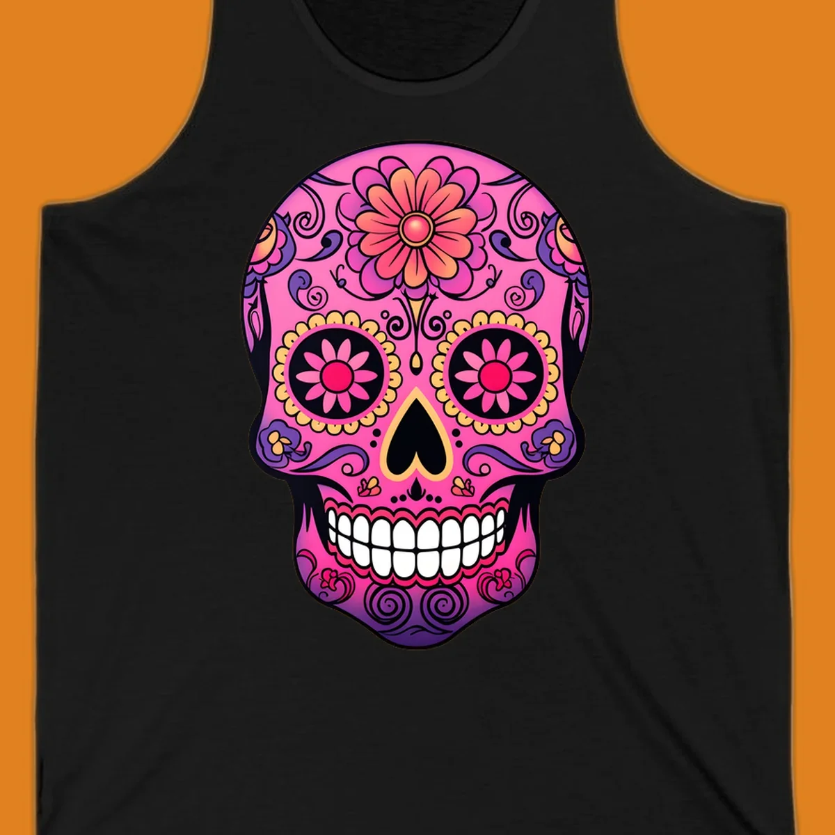 A vibrant pink, purple, yellow, and orange floral sugar skull with a heart nose and ornate swirls.