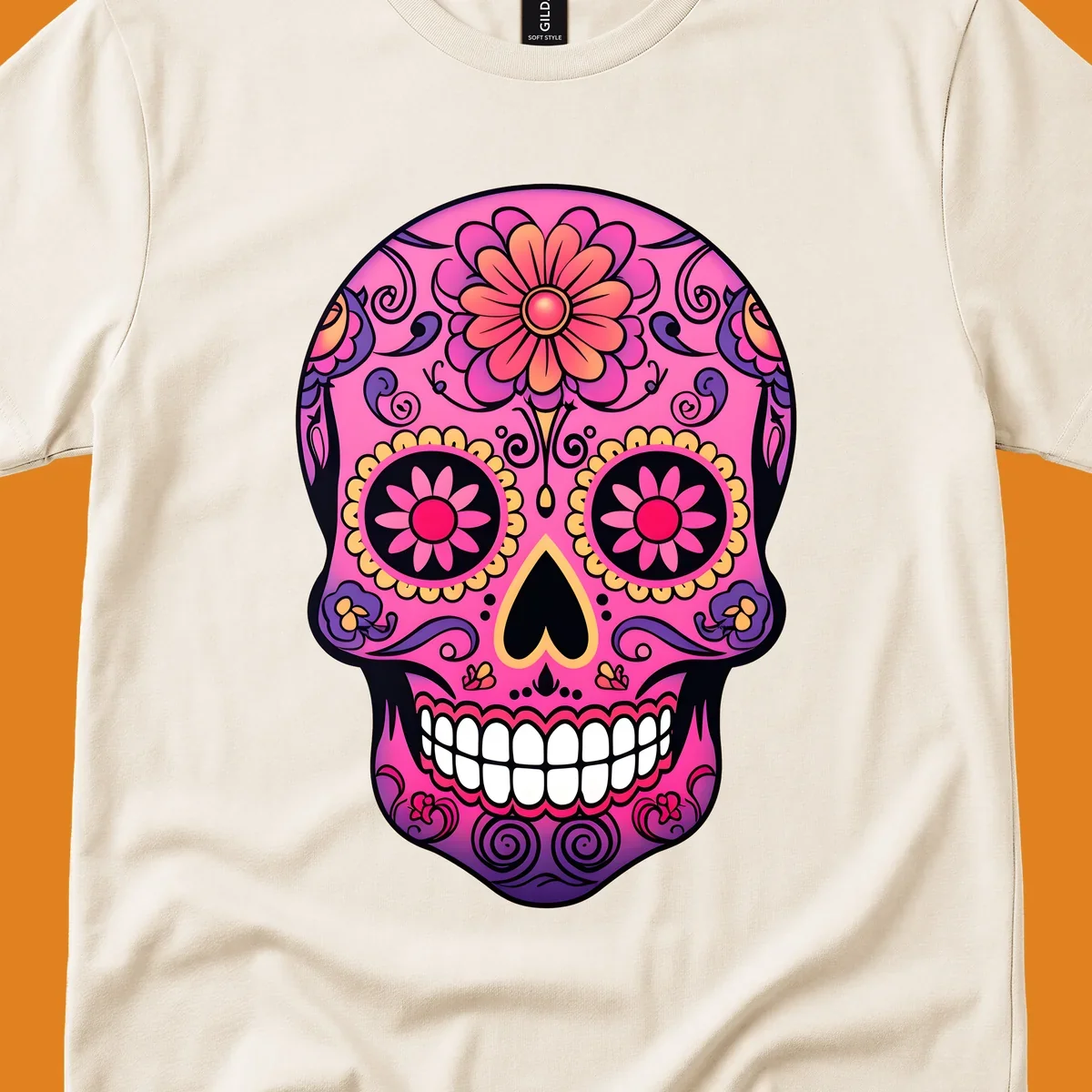 A vibrant pink, purple, yellow, and orange floral sugar skull with a heart nose and ornate swirls.