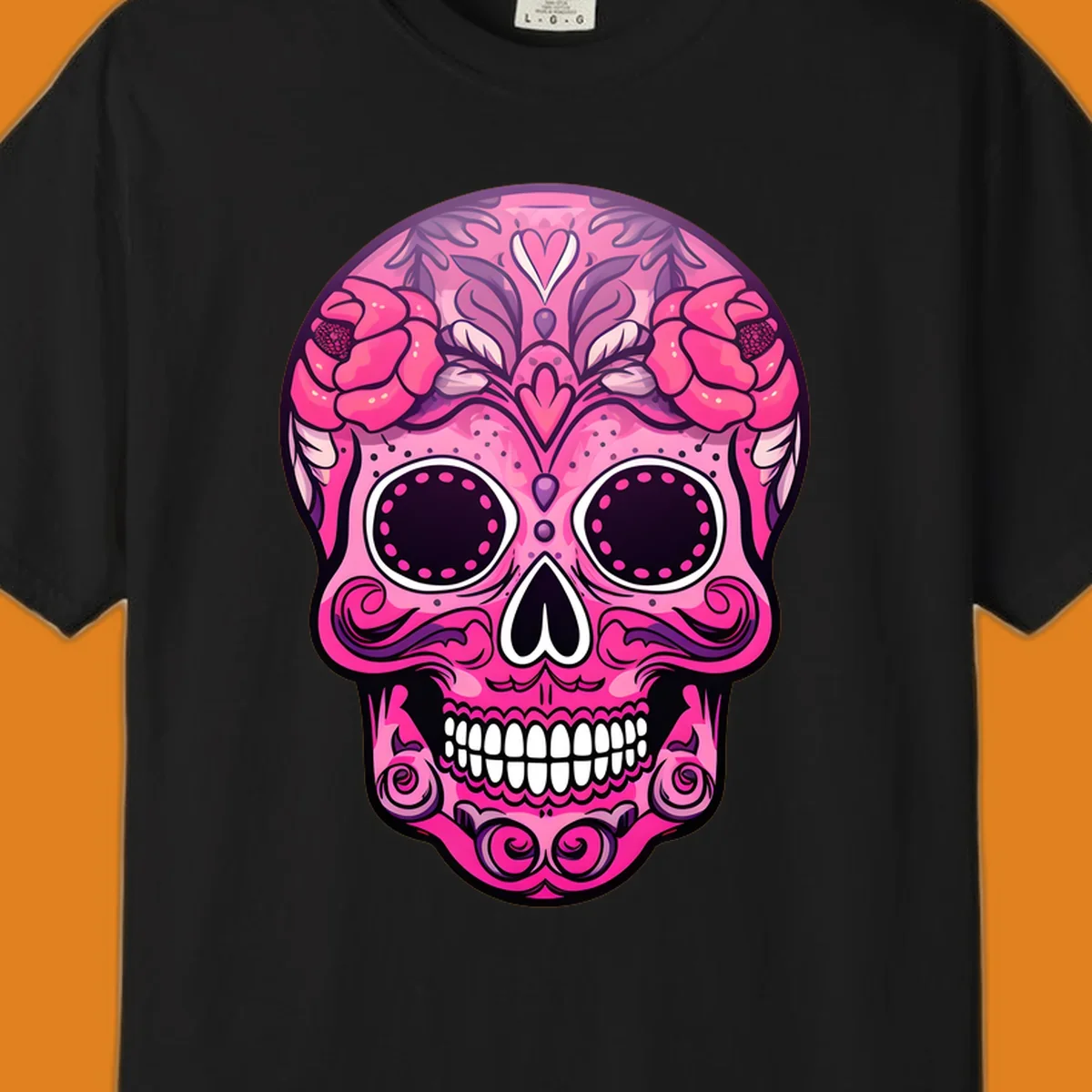 A vibrant pink floral calavera skull with decorative swirls, a heart motif, and peony flowers, outlined in black and white.