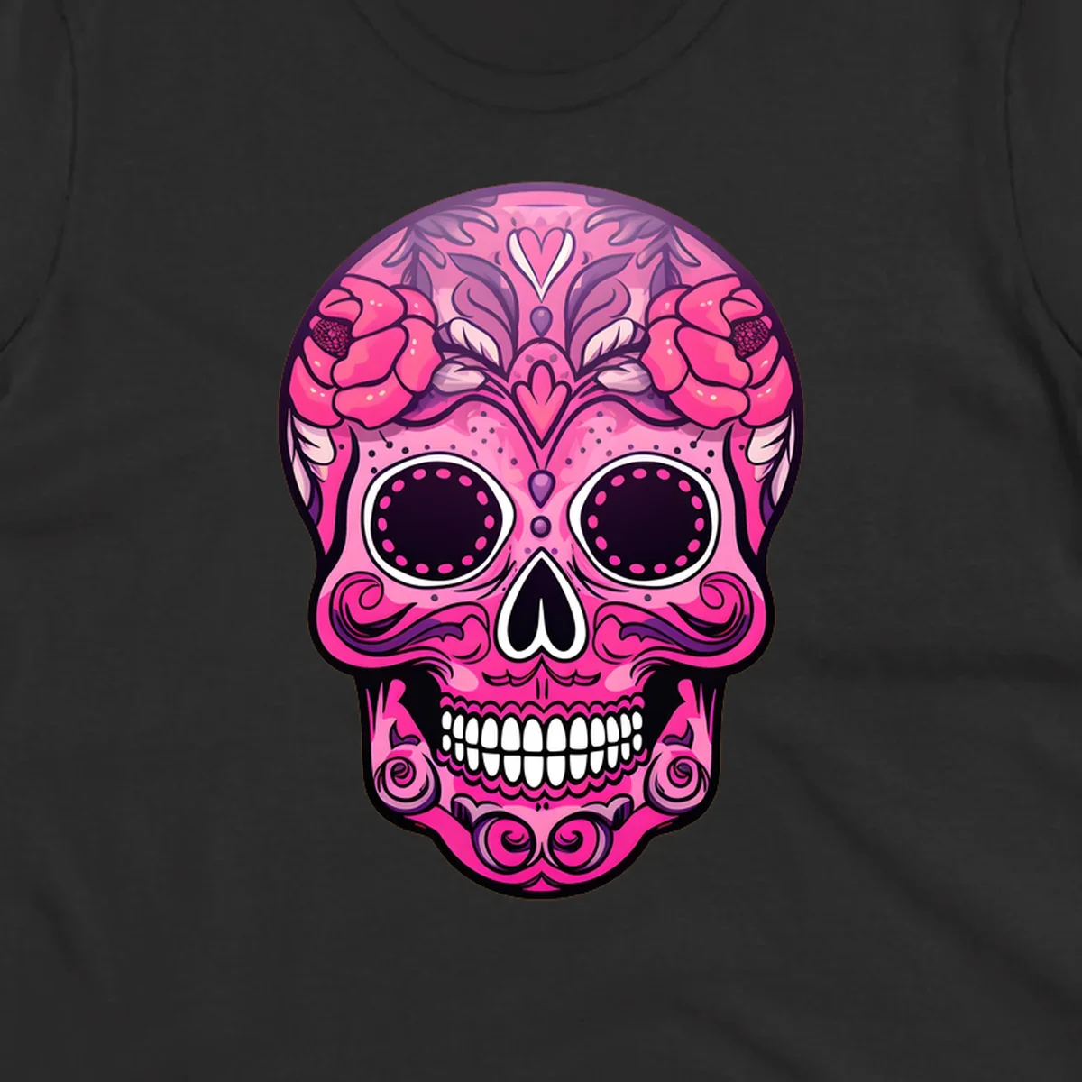 A vibrant pink floral calavera skull with decorative swirls, a heart motif, and peony flowers, outlined in black and white.