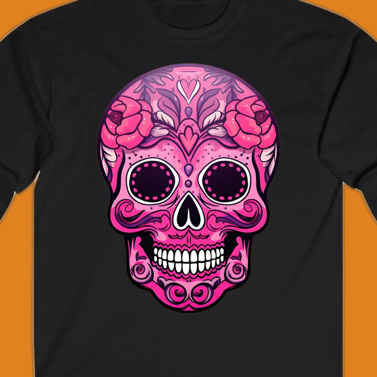 A vibrant pink floral calavera skull with decorative swirls, a heart motif, and peony flowers, outlined in black and white.