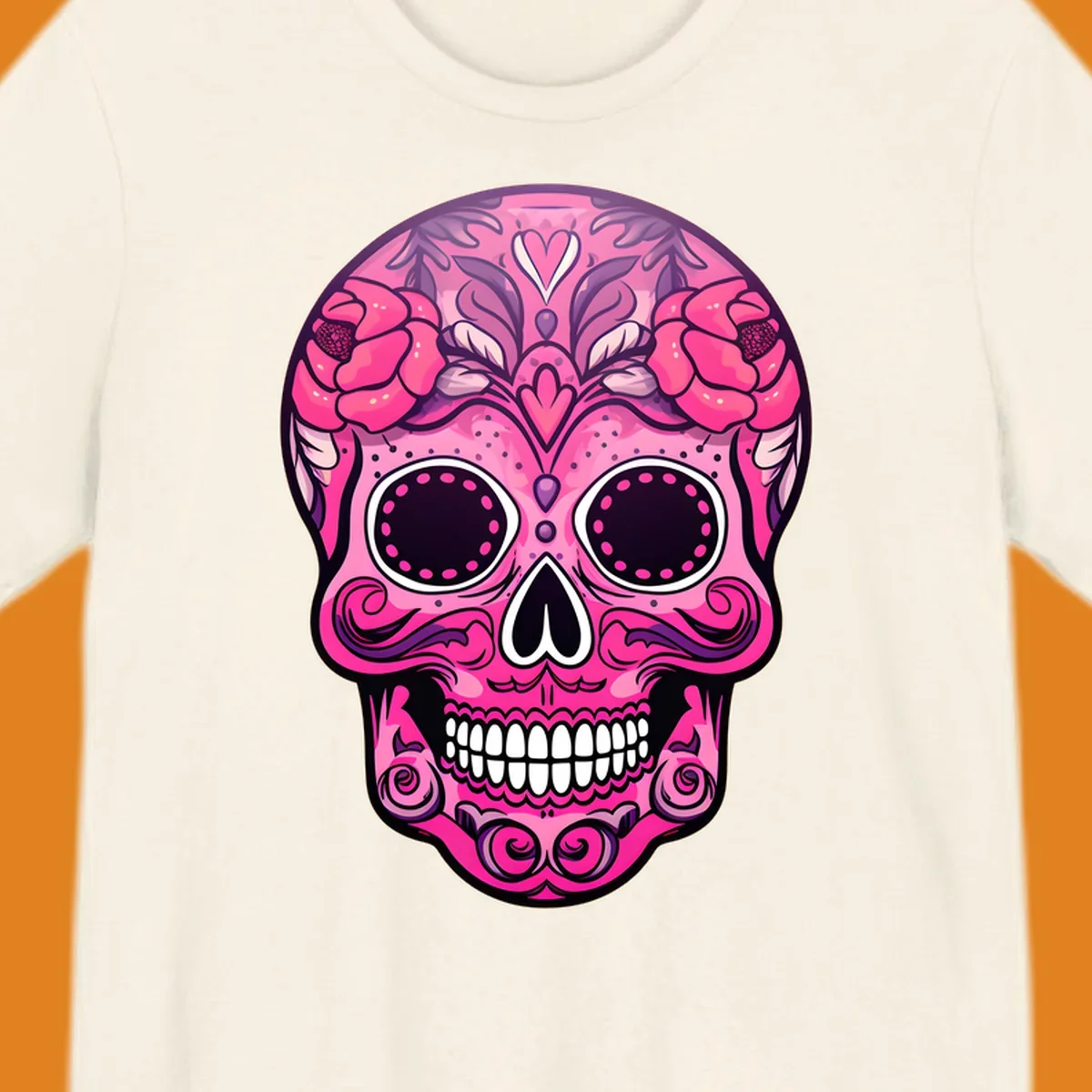 A vibrant pink floral calavera skull with decorative swirls, a heart motif, and peony flowers, outlined in black and white.