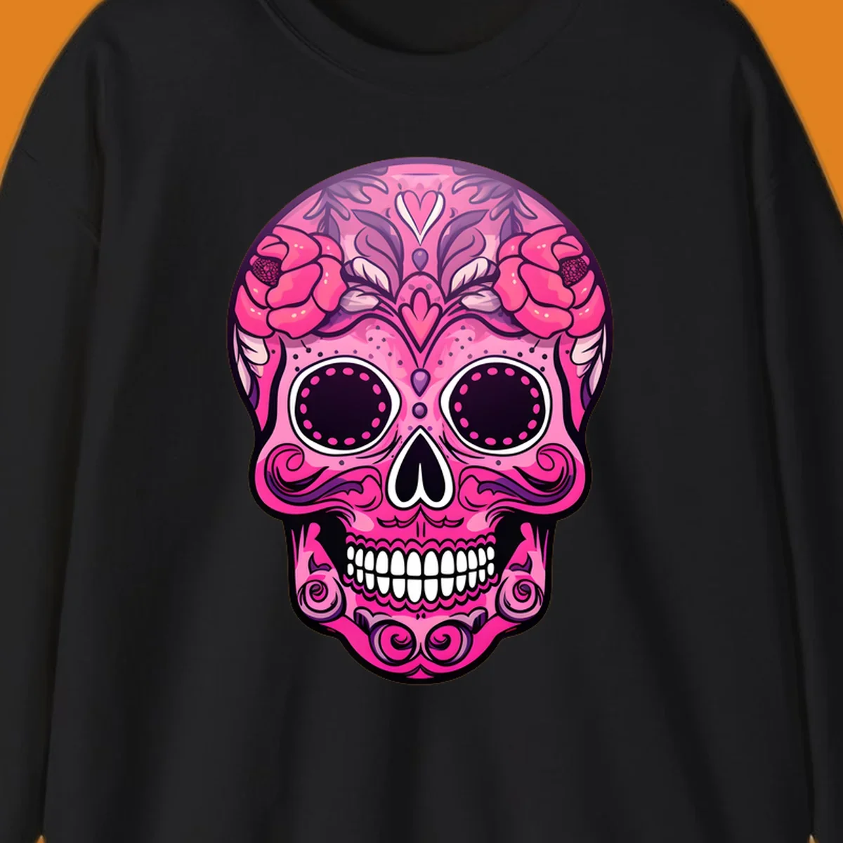 A vibrant pink floral calavera skull with decorative swirls, a heart motif, and peony flowers, outlined in black and white.
