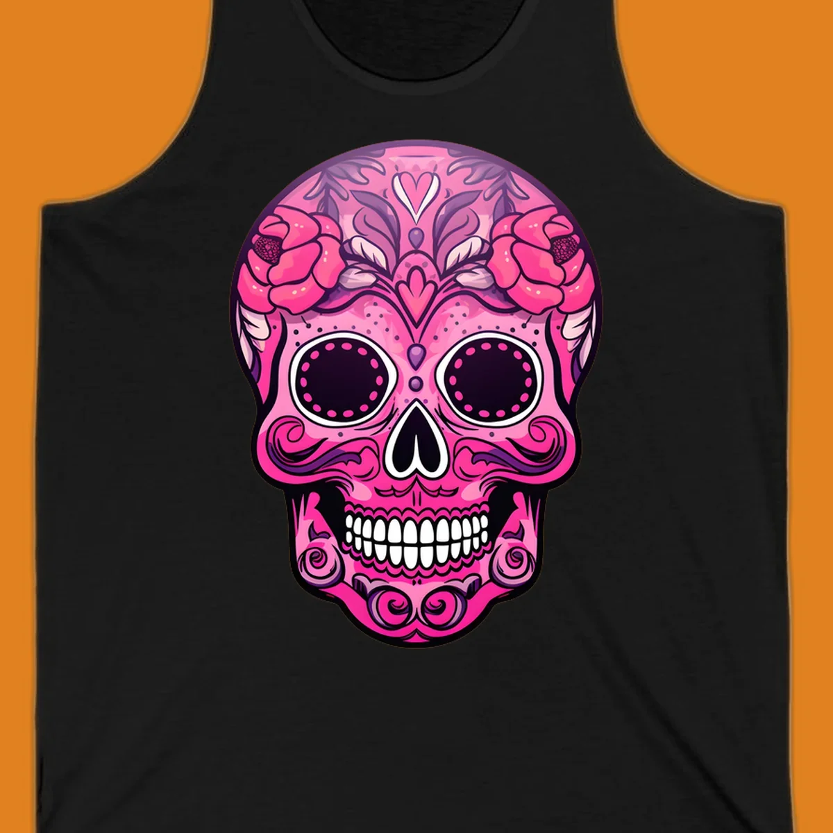 A vibrant pink floral calavera skull with decorative swirls, a heart motif, and peony flowers, outlined in black and white.