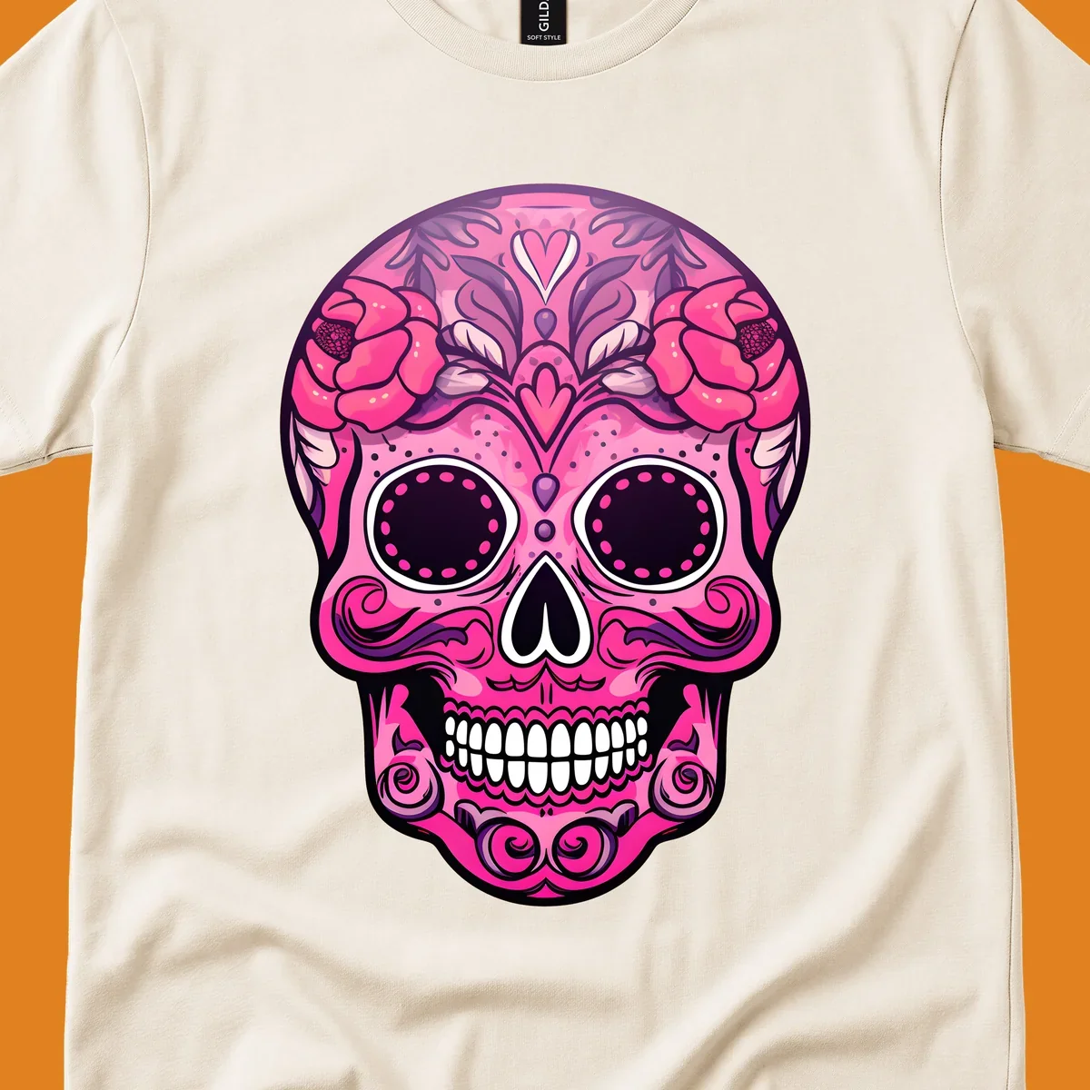 A vibrant pink floral calavera skull with decorative swirls, a heart motif, and peony flowers, outlined in black and white.
