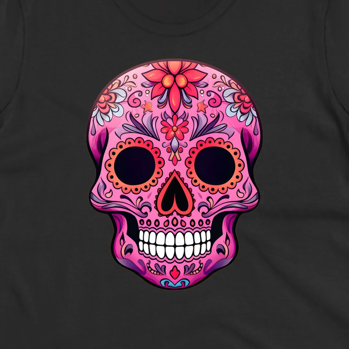 A vibrant pink calavera sugar skull design, adorned with intricate floral patterns, swirls, and stars. Features dark eye sockets, heart nose, and white teeth.