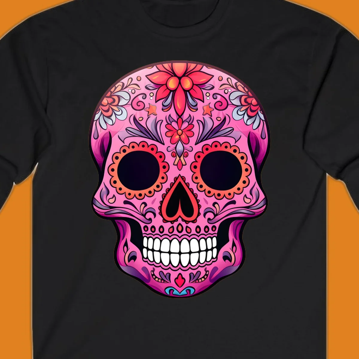 A vibrant pink calavera sugar skull design, adorned with intricate floral patterns, swirls, and stars. Features dark eye sockets, heart nose, and white teeth.
