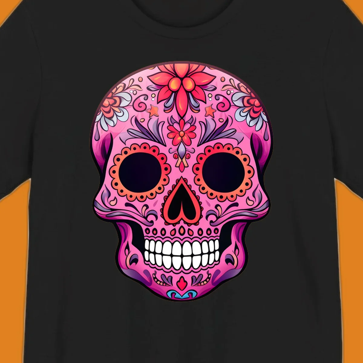 A vibrant pink calavera sugar skull design, adorned with intricate floral patterns, swirls, and stars. Features dark eye sockets, heart nose, and white teeth.