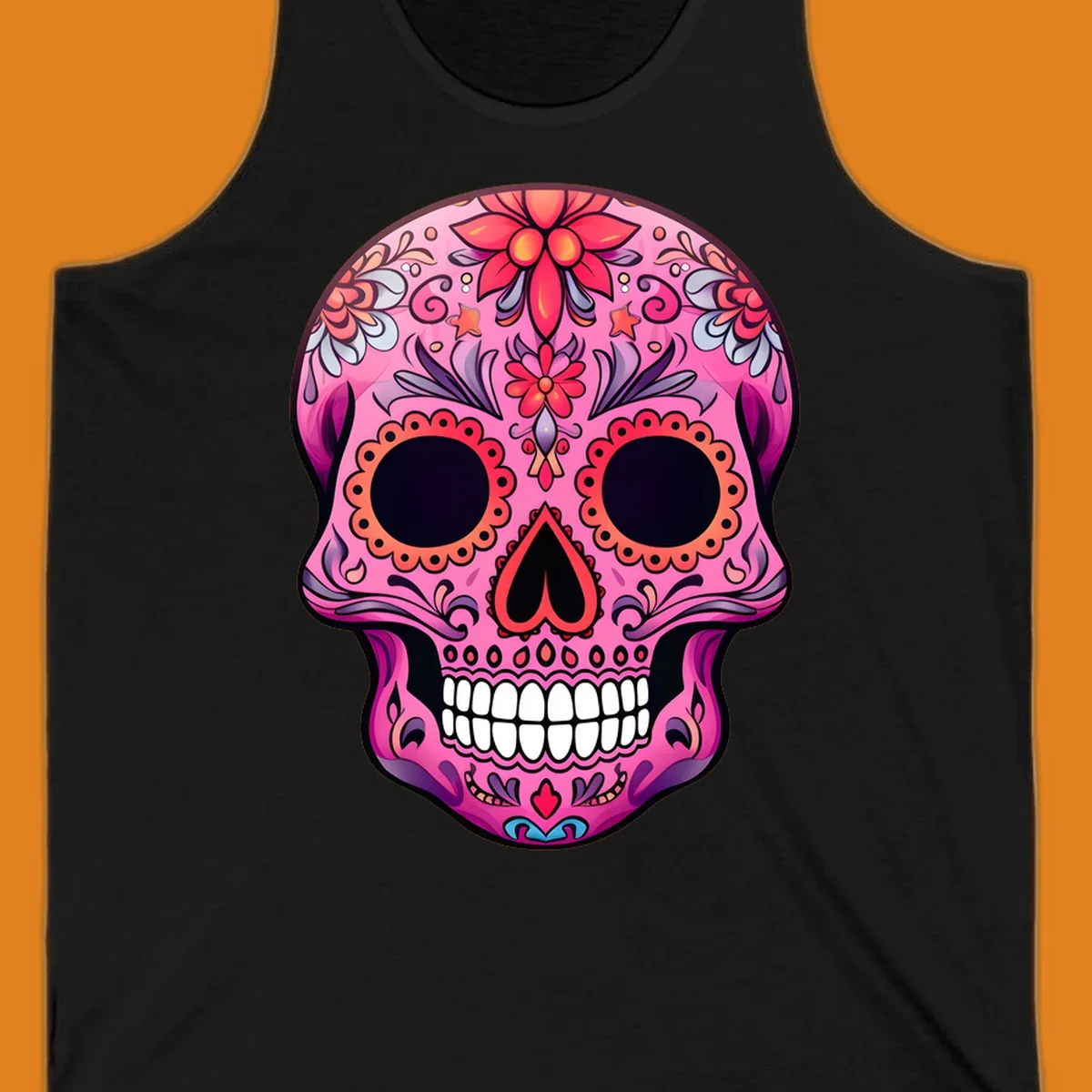 A vibrant pink calavera sugar skull design, adorned with intricate floral patterns, swirls, and stars. Features dark eye sockets, heart nose, and white teeth.