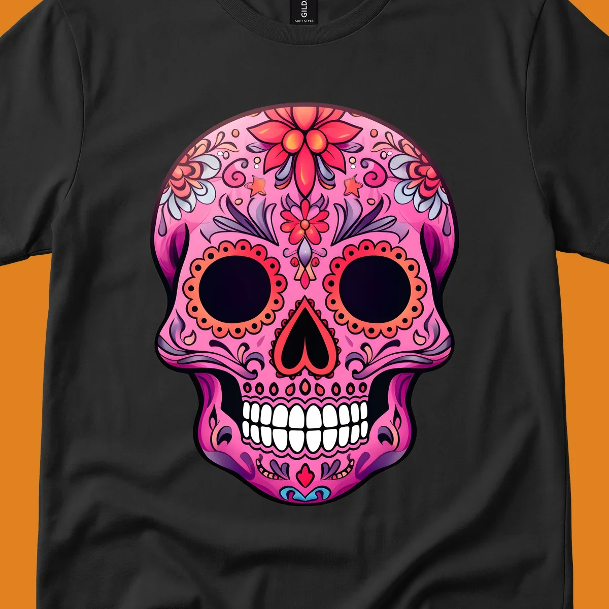 A vibrant pink calavera sugar skull design, adorned with intricate floral patterns, swirls, and stars. Features dark eye sockets, heart nose, and white teeth.