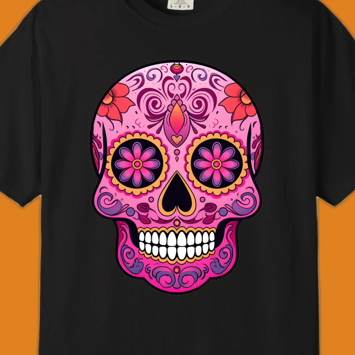 A vibrant pink and purple sugar skull, decorated with intricate floral patterns, swirls, and bright yellow and orange accents, featuring white teeth.