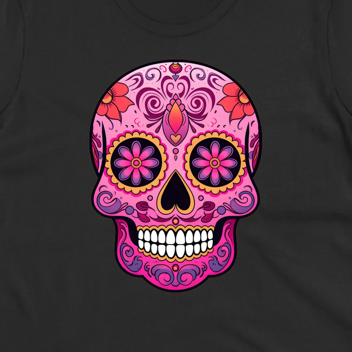 A vibrant pink and purple sugar skull, decorated with intricate floral patterns, swirls, and bright yellow and orange accents, featuring white teeth.