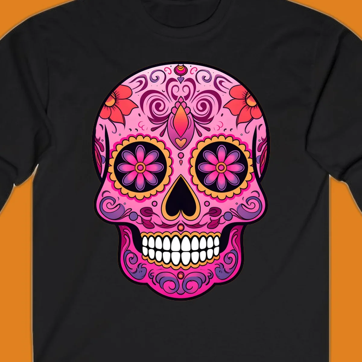 A vibrant pink and purple sugar skull, decorated with intricate floral patterns, swirls, and bright yellow and orange accents, featuring white teeth.