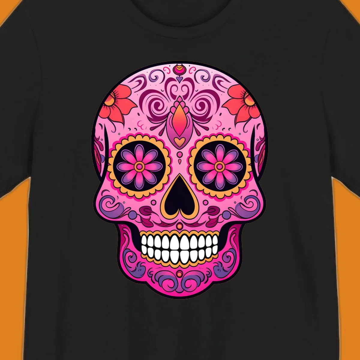 A vibrant pink and purple sugar skull, decorated with intricate floral patterns, swirls, and bright yellow and orange accents, featuring white teeth.