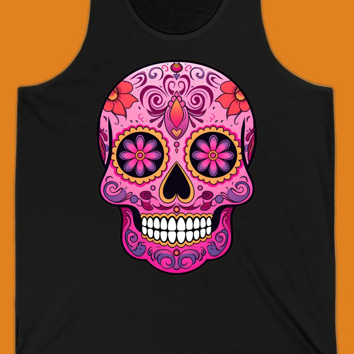 A vibrant pink and purple sugar skull, decorated with intricate floral patterns, swirls, and bright yellow and orange accents, featuring white teeth.