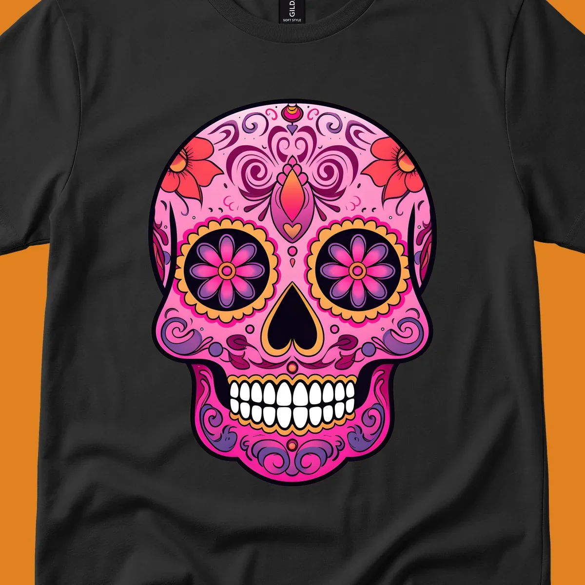 A vibrant pink and purple sugar skull, decorated with intricate floral patterns, swirls, and bright yellow and orange accents, featuring white teeth.