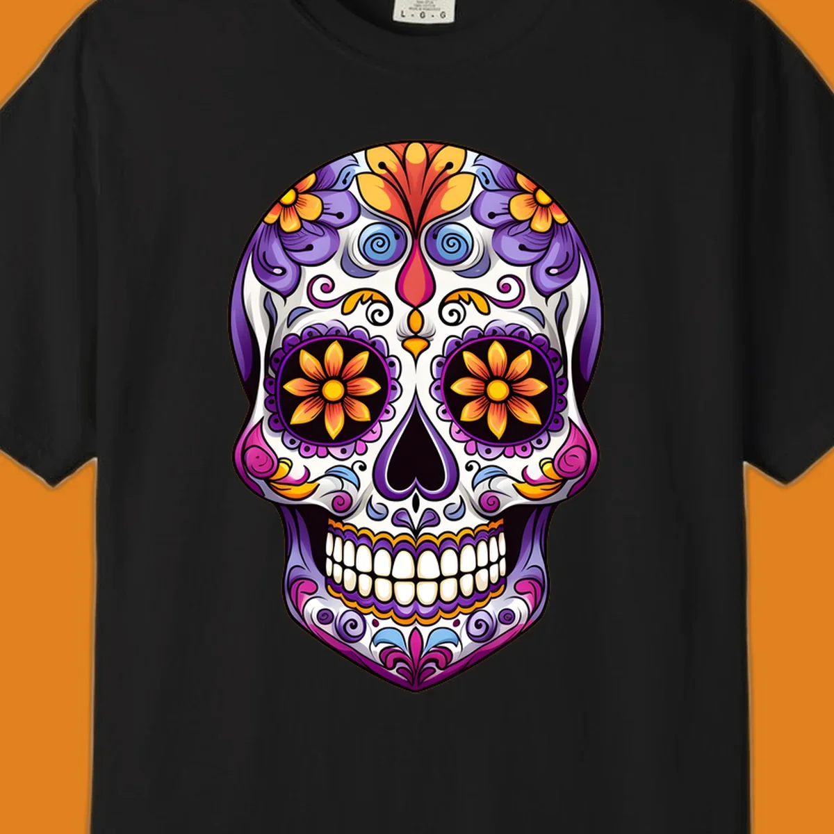 A vibrant floral sugar skull, or calavera, with purple, orange, yellow, and pink flowers and intricate scrollwork.