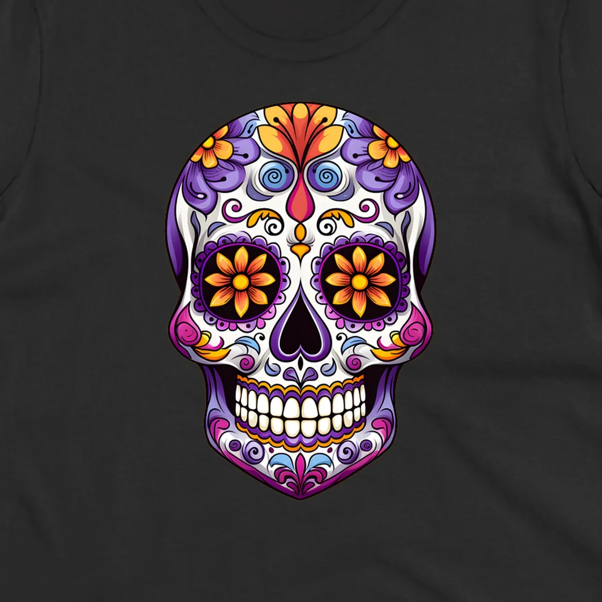 A vibrant floral sugar skull, or calavera, with purple, orange, yellow, and pink flowers and intricate scrollwork.