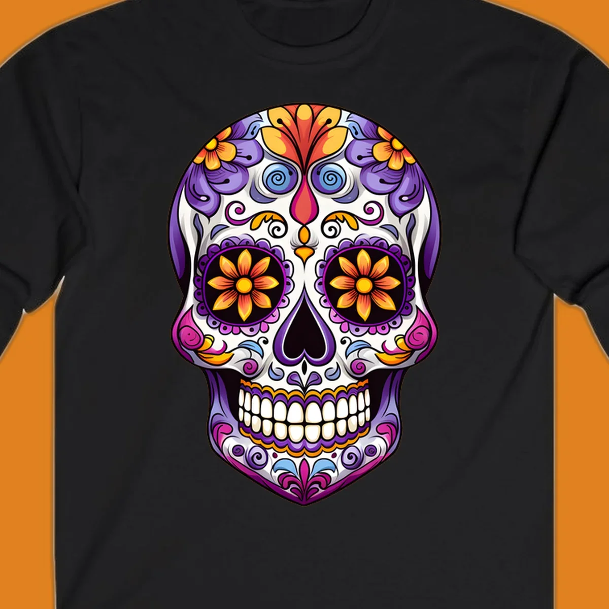 A vibrant floral sugar skull, or calavera, with purple, orange, yellow, and pink flowers and intricate scrollwork.