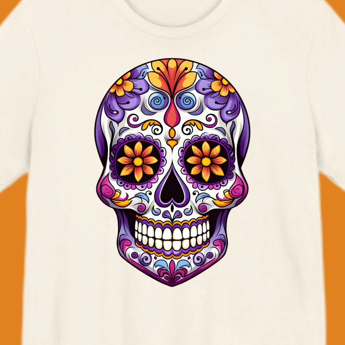 A vibrant floral sugar skull, or calavera, with purple, orange, yellow, and pink flowers and intricate scrollwork.