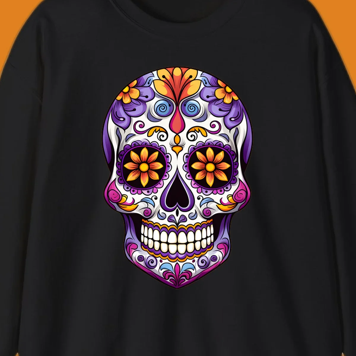 A vibrant floral sugar skull, or calavera, with purple, orange, yellow, and pink flowers and intricate scrollwork.