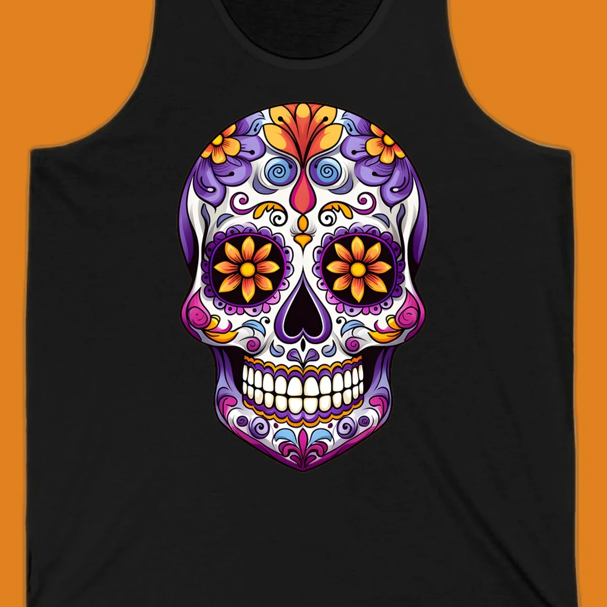 A vibrant floral sugar skull, or calavera, with purple, orange, yellow, and pink flowers and intricate scrollwork.
