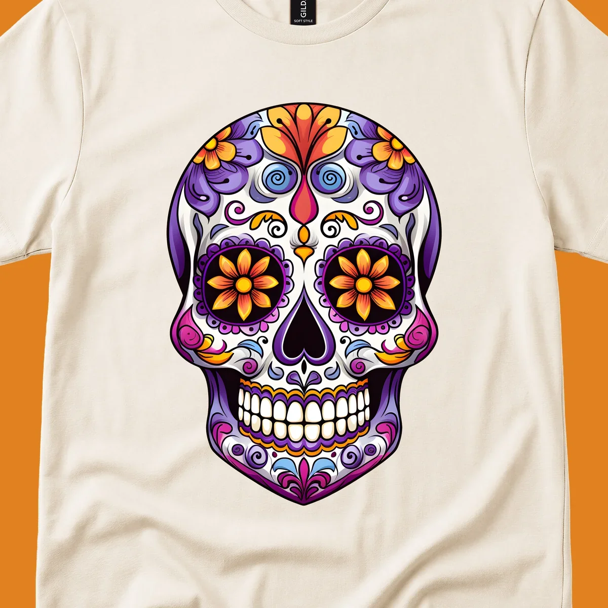 A vibrant floral sugar skull, or calavera, with purple, orange, yellow, and pink flowers and intricate scrollwork.