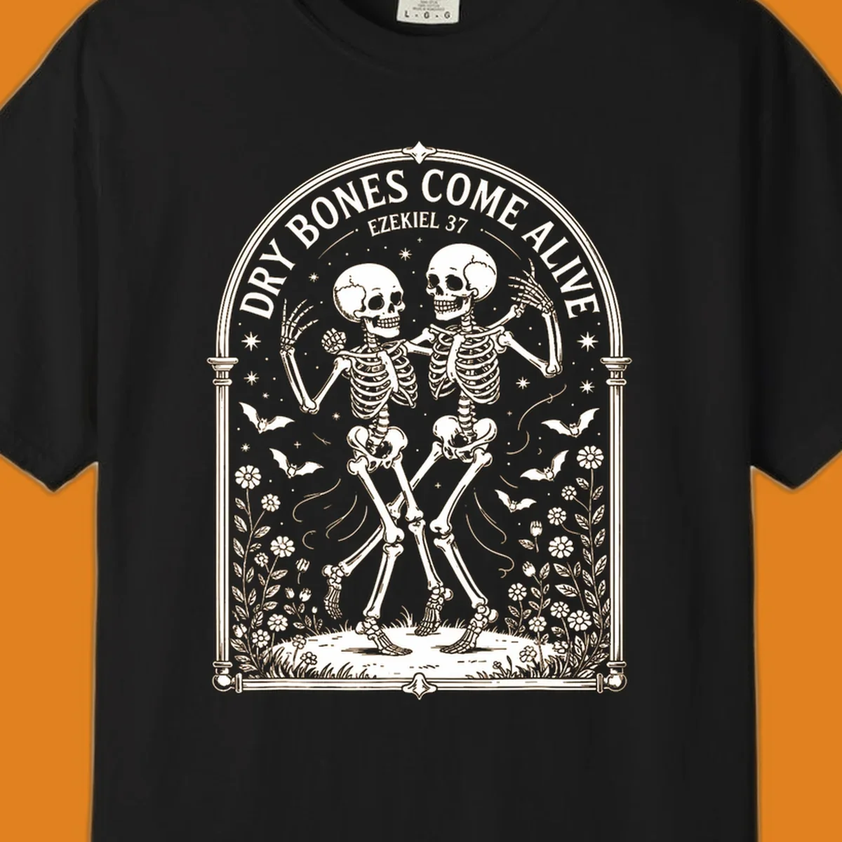 Dry bones come alive resurrection dancing skeletons with bats and flowers.