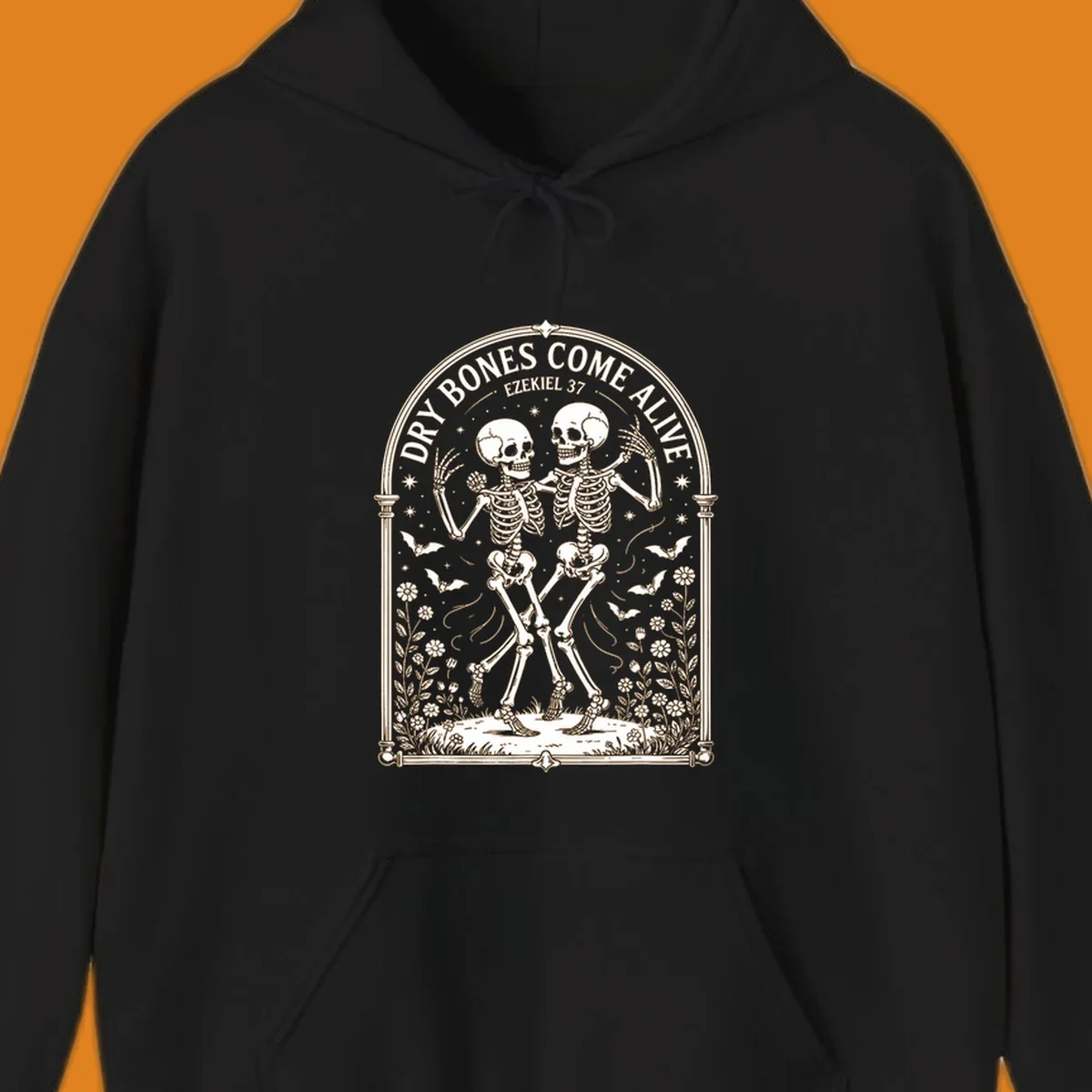 Dry bones come alive resurrection dancing skeletons with bats and flowers.