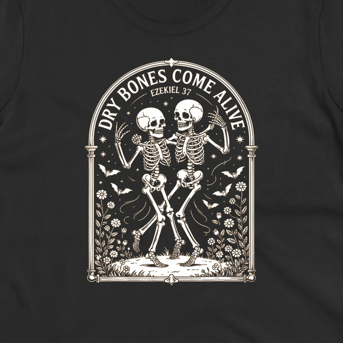 Dry bones come alive resurrection dancing skeletons with bats and flowers.