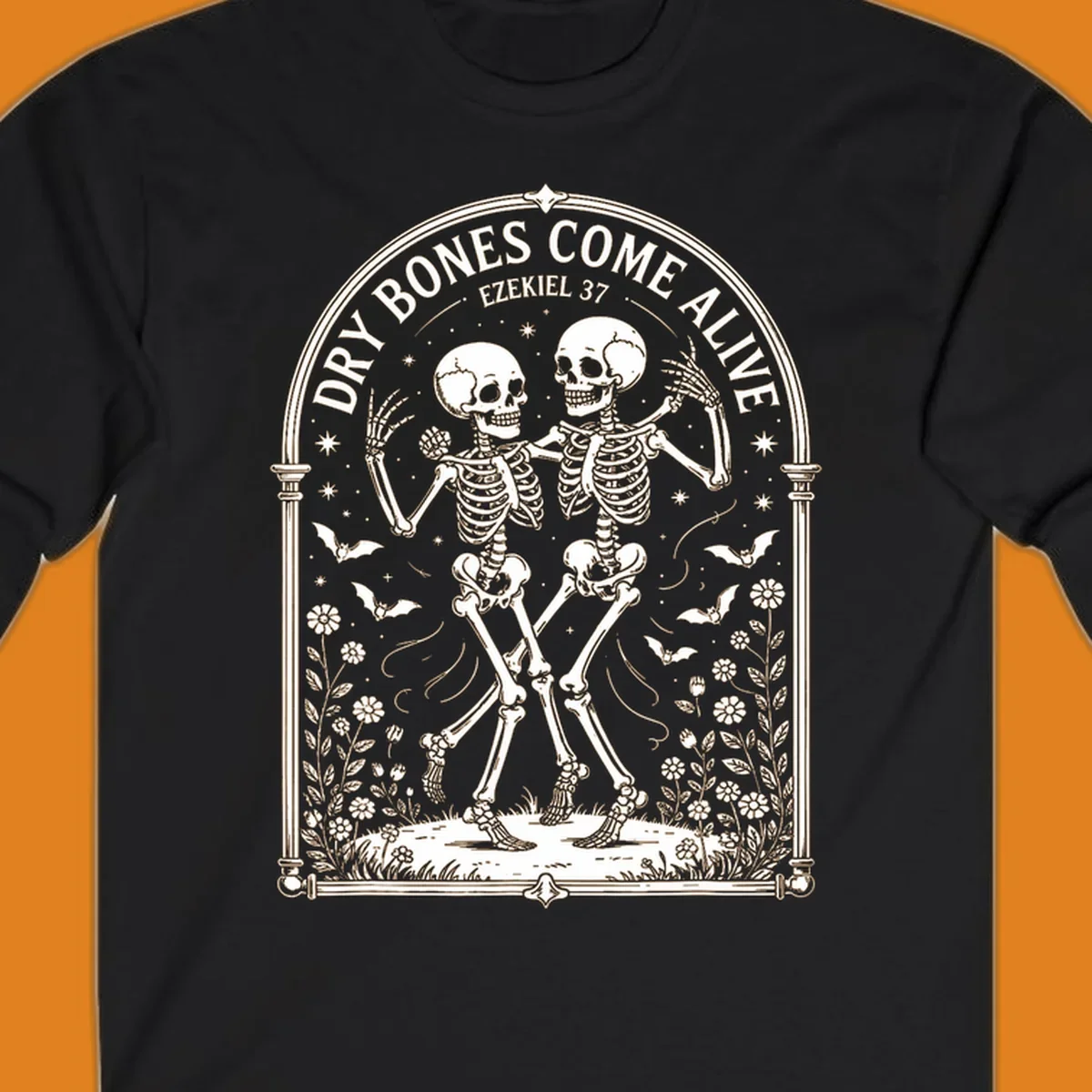 Dry bones come alive resurrection dancing skeletons with bats and flowers.