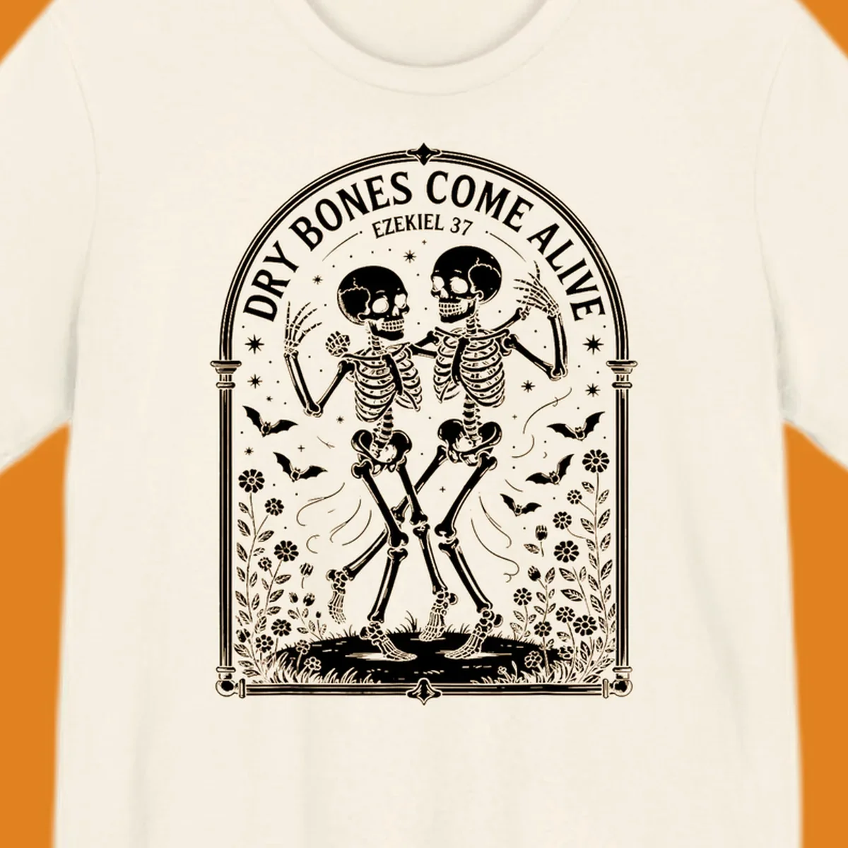 Dry bones come alive resurrection dancing skeletons with bats and flowers.